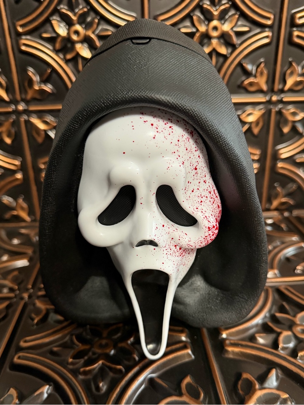 Popcorn Bucket Scream Ghost Face Mask with Hood -White & Black with Red Splatter